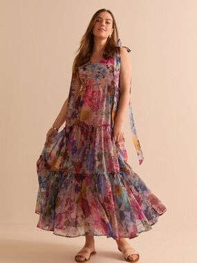 Francesca's Collections Floral Tie-Shoulder Maxi Dress in Pink, Purple, Blue